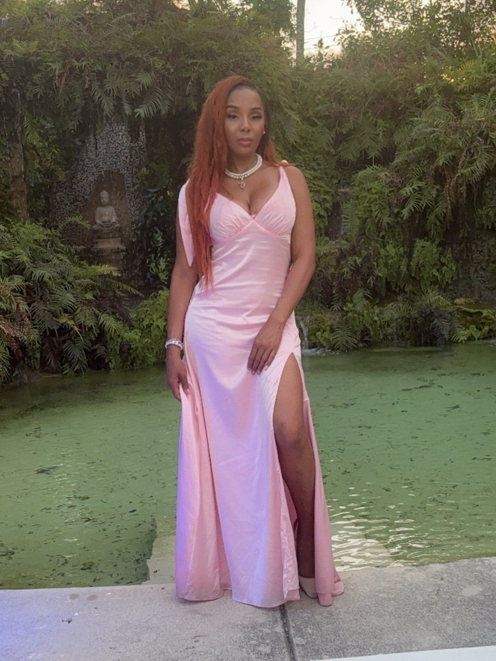 Elegant Pink Satin Evening Gown with High Slit